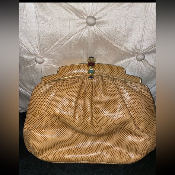 Judith Lieber camel color reptile skin clutch - Picture 3 of 6